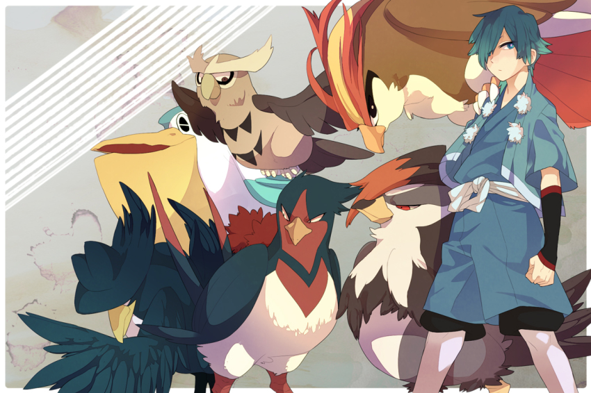 00s 1boy belt bird blue_eyes blue_hair falkner_(pokemon) gen_1_pokemon gen_2_pokemon gen_3_pokemon gen_4_pokemon gym_leader hair_over_one_eye hat honchkrow japanese_clothes male_focus matching_hair/eyes menoco nintendo noctowl pelipper pidgeot pokemon pokemon_(creature) pokemon_hgss short_hair staraptor swellow