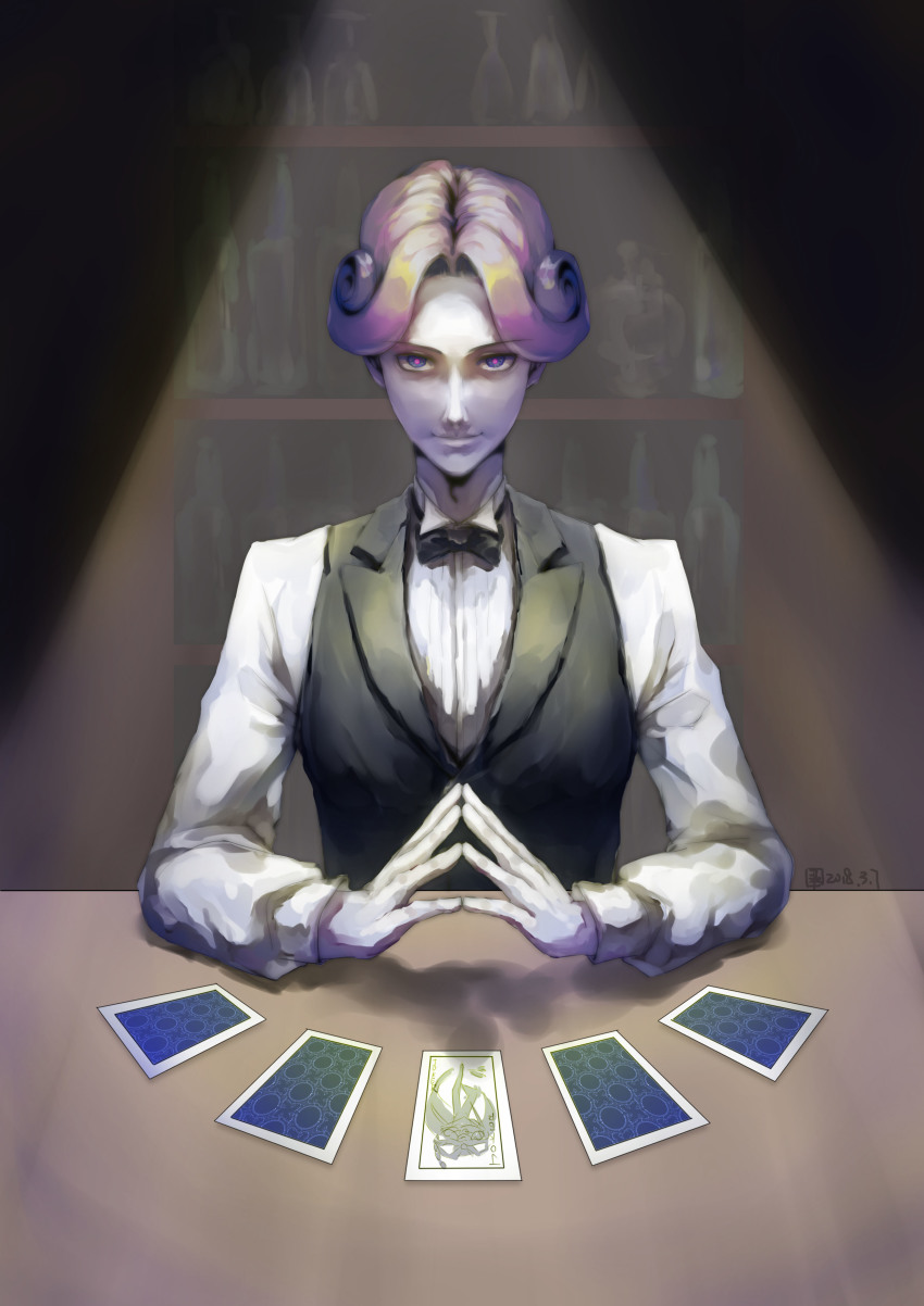 1boy absurdres black_bow black_bowtie blue_eyes bottle bow bowtie bright_pupils card closed_mouth dated fate/grand_order fate_(series) highres indoors isaac_bou joker_(playing_card) looking_at_viewer male_focus mephistopheles_(fate) mephistopheles_(the_sun_and_gold_gamblers)_(fate) pale_skin pixiv_fate/grand_order_contest_2 playing_card purple_hair shirt smile solo steepled_fingers table upper_body vest white_shirt