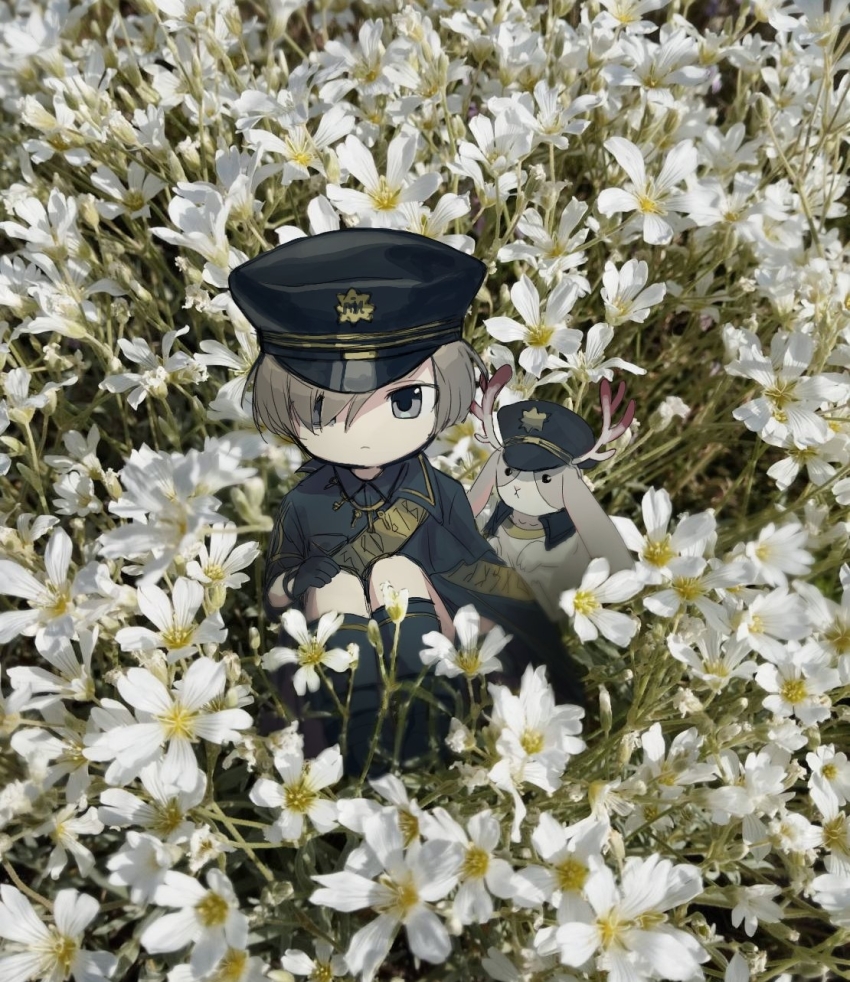 androgynous boots es_(milgram) flower grey_eyes hat highres jackalope jackalope_(milgram) looking_at_viewer milgram mixed_media outdoors photo_(medium) sash sitting user_ckne3233