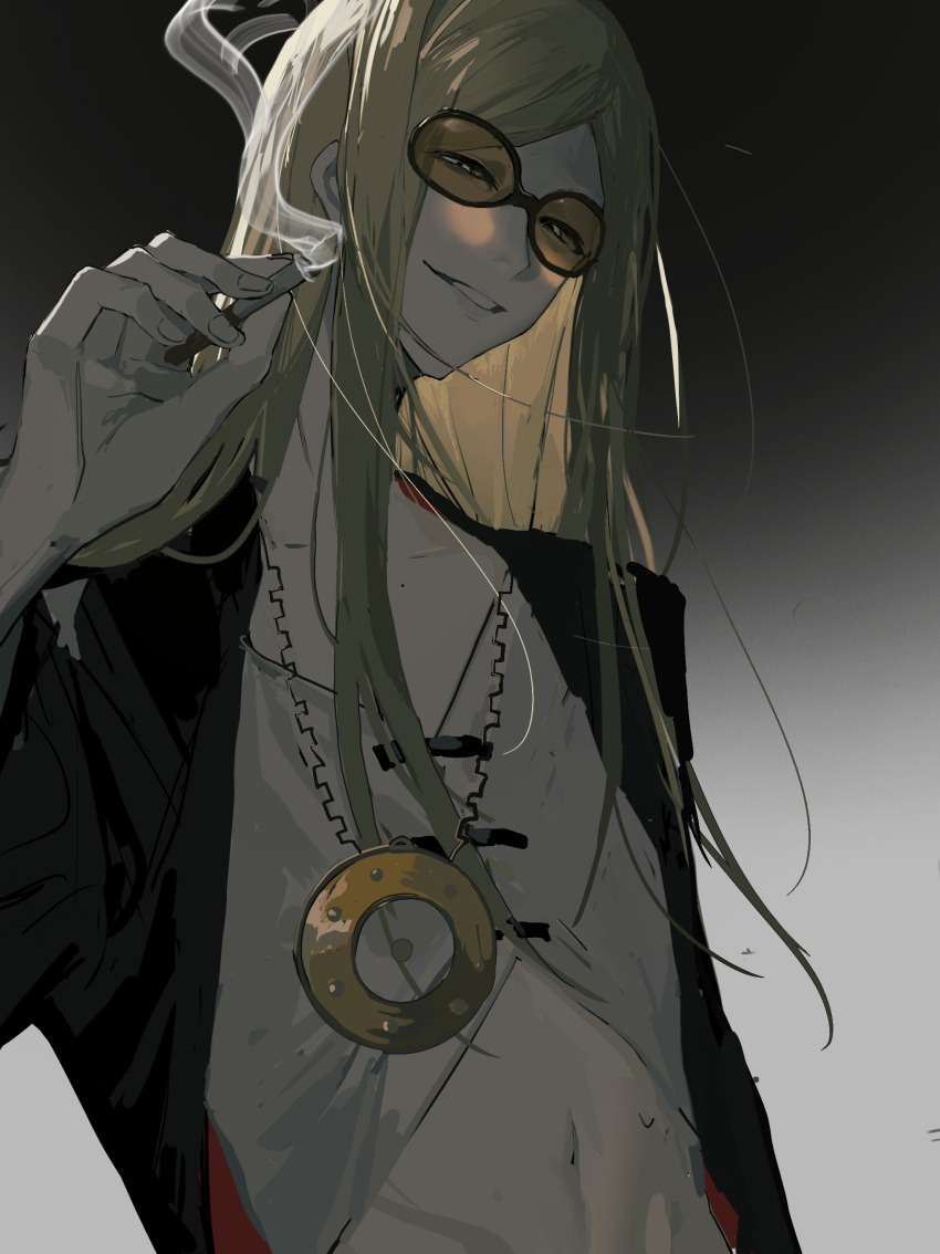 1boy absurdres black_background black_jacket blonde_hair chinese_commentary cigarette commentary_request fate/grand_order fate_(series) flapper_shirt highres holding holding_cigarette jacket jewelry kuma_(yoooooooo152) long_hair looking_at_viewer male_focus medallion midriff midriff_peek navel necklace open_clothes open_jacket orange-tinted_eyewear shirt smile smoke solo sunglasses tezcatlipoca_(fate) tinted_eyewear two-tone_background upper_body white_background white_shirt