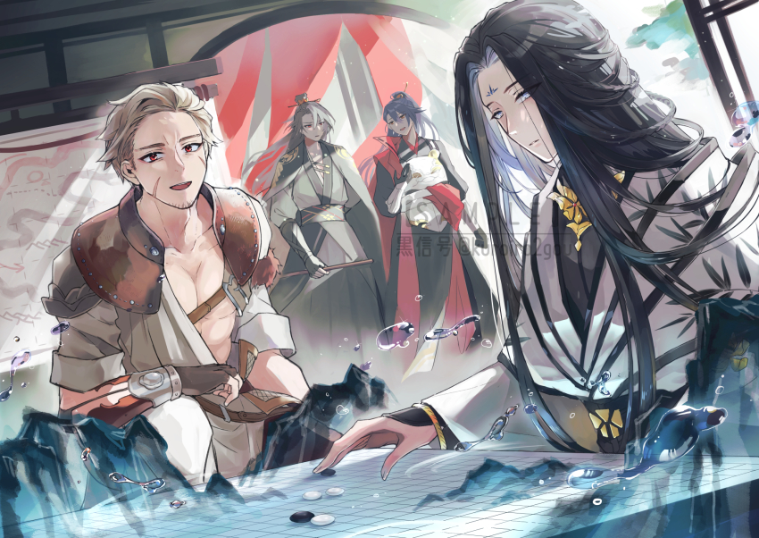 4boys :d abs architecture arm_at_side armor bamboo_print black_cape black_gloves black_hair black_robe black_sash black_shirt blind blue_eyes board_game bracelet breastplate bright_pupils cape chest_guard chinese_clothes chinese_commentary chuyi_flower_cake_(the_tale_of_food) collarbone colored_bangs curtained_hair curtains east_asian_architecture eye_contact facial_mark facial_scar faulds feet_out_of_frame fingerless_gloves flute forehead_mark gloves go_(board_game) grey_cape grey_hair grey_robe hair_between_eyes half_updo hand_up hanfu harbin_fried_pork_(the_tale_of_food) highres holding holding_flute holding_instrument hydrokinesis indoors instrument jewelry kuroiroichigo long_hair long_sleeves looking_ahead looking_at_another male_focus map moon_gate mountain multiple_boys no_blindfold on_one_knee open_clothes open_mouth open_robe pants parted_bangs parted_lips pebble_bread_(the_tale_of_food) pectoral_cleavage pectorals red_cape red_eyes robe sample_watermark sash scar scar_on_cheek scar_on_face shirt short_hair short_sleeves shoulder_guard sidelocks sitting slice_of_life smile sparse_stubble standing talking the_tale_of_food topknot two-sided_cape two-sided_fabric upper_body vambraces water water_drop watermark white_pants white_pupils white_robe wide_sleeves xiao_guan_(headdress) xifeng_wine_(the_tale_of_food) yellow_eyes