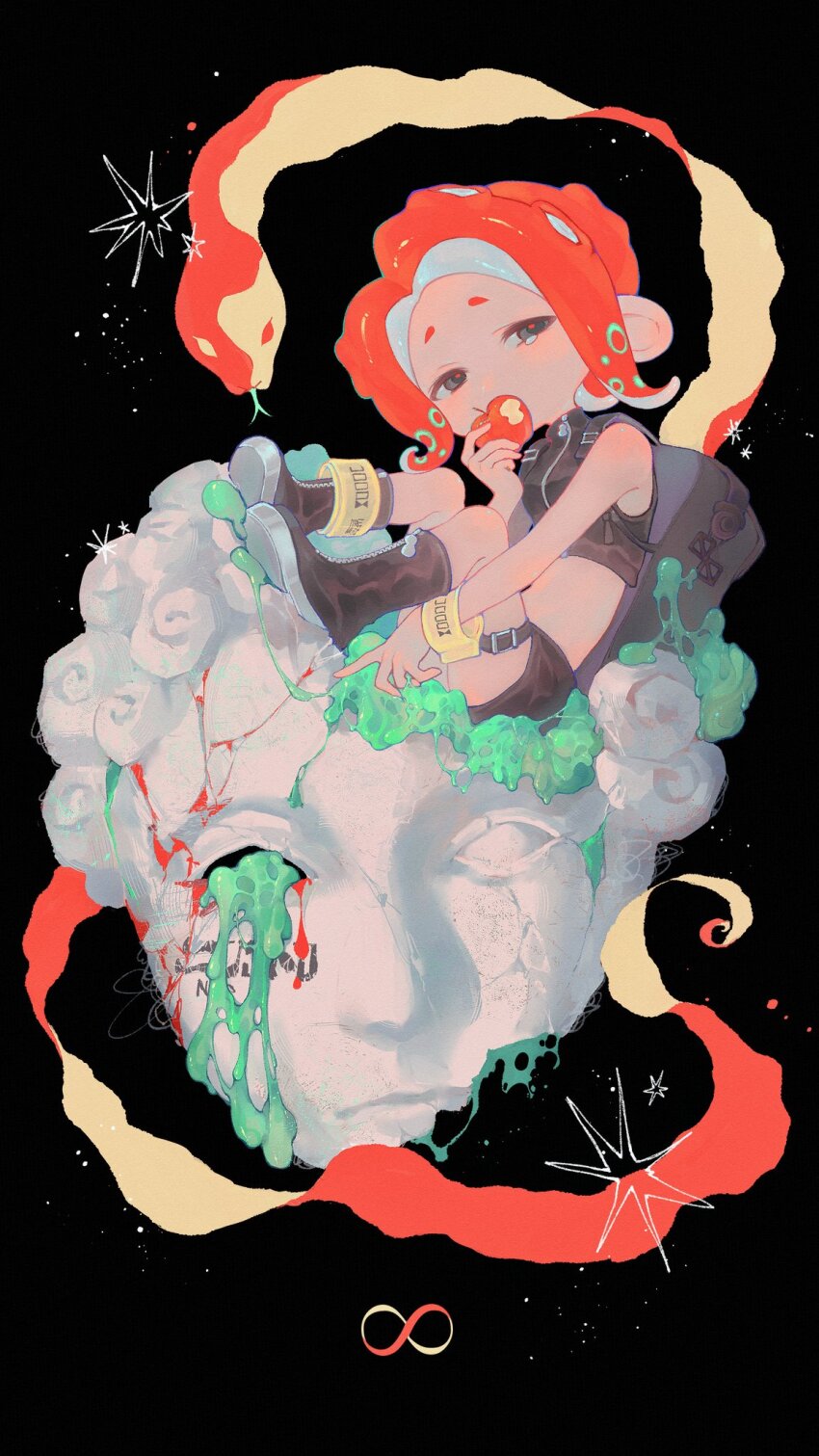 1girl agent_8_(splatoon) anklet apple backpack bag belt black_background black_bag black_belt black_boots black_eyes black_shirt black_skirt boots broken_statue commentary_request crop_top eating food fruit full_body highres holding holding_food holding_fruit jewelry liang_cun_rakuna medium_hair midriff miniskirt nintendo octoling parted_bangs red_hair shirt single_sleeve skirt slime_(substance) snake solo splatoon_(series) splatoon_2 splatoon_2:_octo_expansion statue tentacle_hair thigh_belt thigh_strap wristband zipper zipper_pull_tab