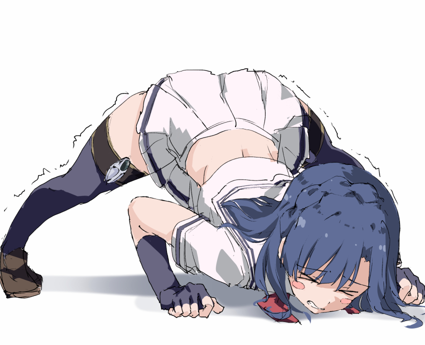 &gt;_&lt; 1girl black_gloves black_thighhighs blue_hair blush_stickers braid brown_footwear clenched_teeth commentary_request elbow_gloves fingerless_gloves gloves hands_on_floor highres idol_heroes_(idolmaster) idolmaster idolmaster_million_live! jack-o&#039;_challenge medium_hair mighty_sailor miniskirt nanao_yuriko neckerchief rauto red_neckerchief sailor_collar shirt short_sleeves skirt solo teeth thighhighs top-down_bottom-up trembling white_background white_shirt white_skirt
