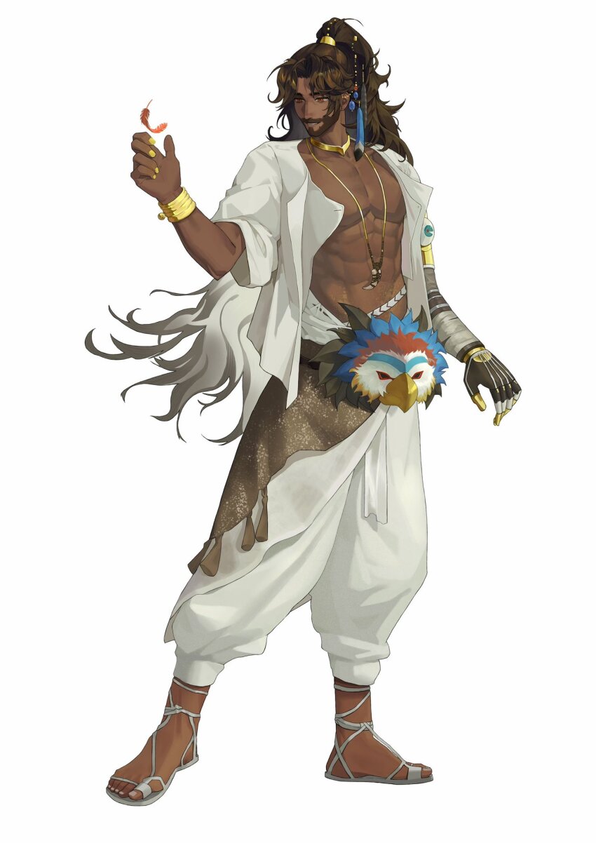 1boy abs beard black_hair dark-skinned_male dark_skin facial_hair feather_hair_ornament feathers gold_choker grin hair_ornament hand_up high_ponytail highres jewelry legs_apart long_hair looking_at_object looking_to_the_side male_focus mask mature_male mechanical_arms necklace official_alternate_costume open_clothes open_shirt pants pectorals ponytail prosthesis prosthetic_arm puffy_pants red_eyes reverse:1999 sandals sept_(septyuyi) shamane shirt short_sleeves single_mechanical_arm smile solo standing toned toned_male tooth_necklace unworn_mask very_long_hair white_background white_pants white_sandals white_shirt yellow_nails