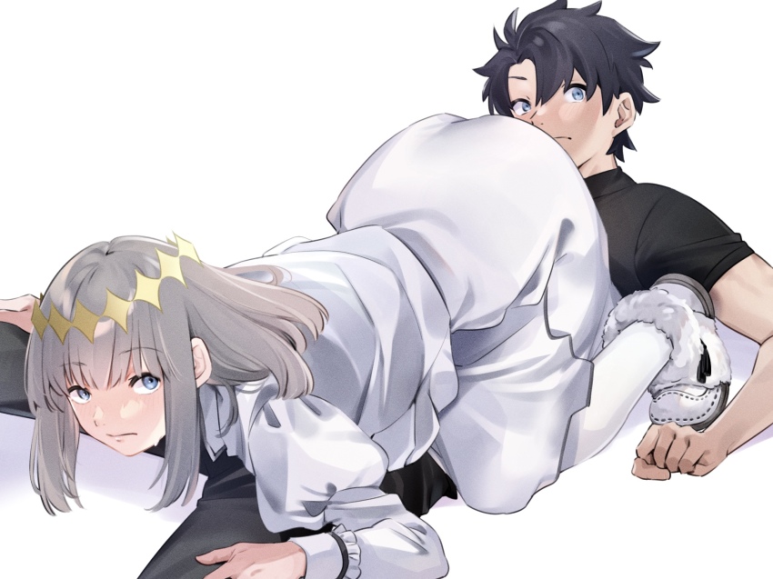 2boys 69 ass awkward awkward_pose black_hair black_pants black_shirt blonde_hair blue_eyes blush boots closed_mouth collared_shirt commentary_request crown diamond_(shape) diamond_crown diamond_hairband dress embarrassed fate/grand_order fate_(series) frilled_shirt frilled_shirt_collar frilled_sleeves frills fujimaru_ritsuka_(male) fur_boots fur_trim hairband high_collar highres long_sleeves looking_at_viewer male_focus medium_hair multiple_boys oberon_(fate) pants pantyhose puffy_long_sleeves puffy_sleeves sausu_hitori shirt short_hair short_sleeves sweat tagme trap white_dress white_pantyhose white_shirt yaoi yellow_hairband yellow_headwear