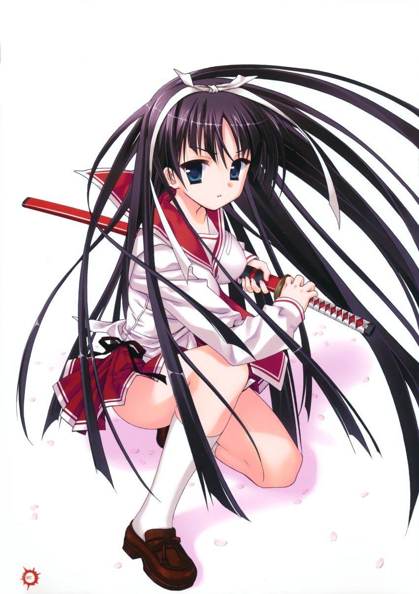1girl absurdres black_hair female_focus green_eyes hair_ribbon hairband hidan_no_aria highres hotogi_shirayuki long_hair ribbon serious solo squatting very_long_hair