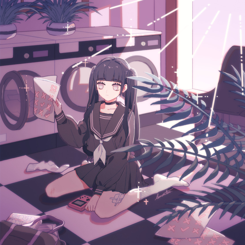 1girl absurdres bag bandaid bandaid_on_leg black_bag black_choker black_hair black_serafuku black_skirt blunt_bangs blurry calendar_(object) checkered_floor choker closed_mouth collarbone eyelashes fingernails game_boy handheld_game_console highres holding indoors laundromat lemontea light_rays long_hair looking_at_viewer original paper plant potted_plant purple_eyes revision school_uniform scrape scratches serafuku signature single_sock sitting skirt socks solo sparkle tongue twintails wariza washing_machine white_socks window