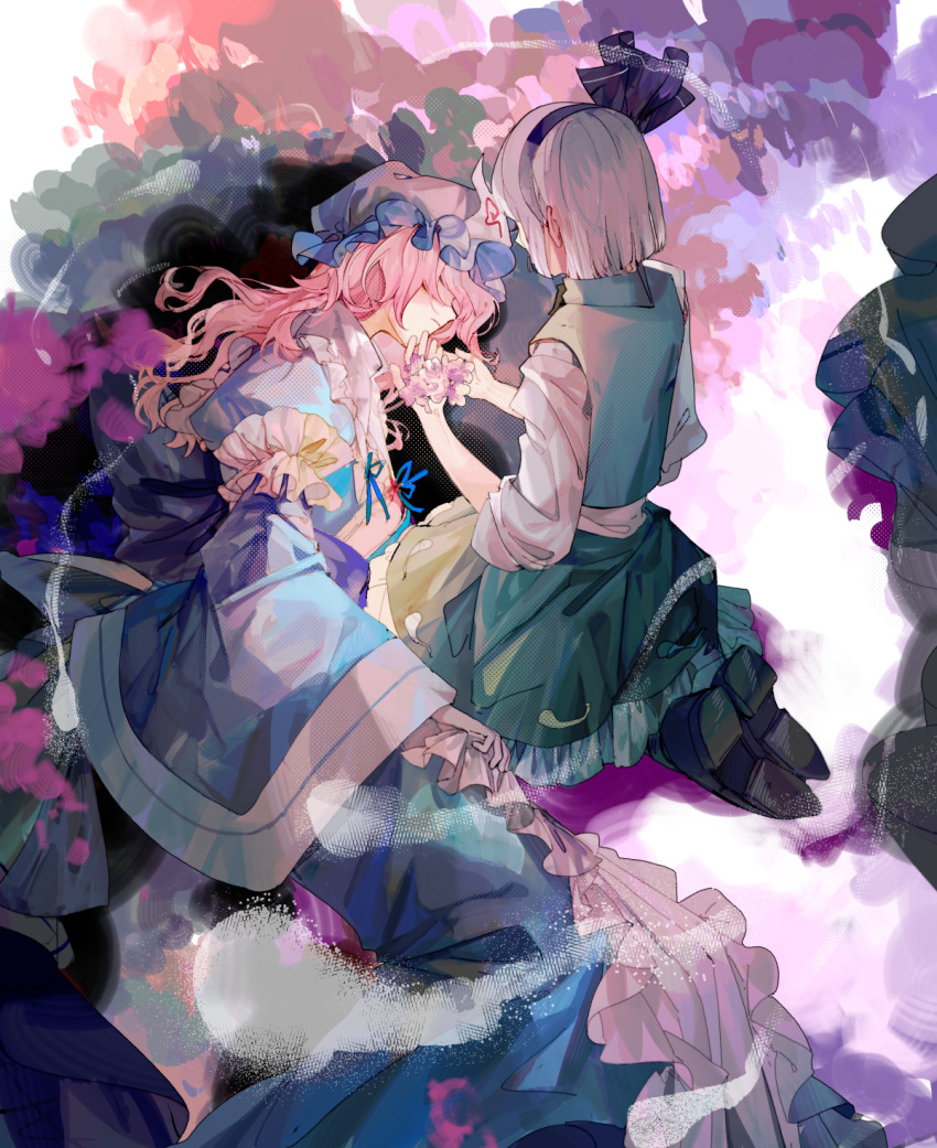 2girls black_hairband black_shoes blue_kimono chinese_commentary commentary_request flower frills green_vest hairband hat highres holding holding_flower japanese_clothes kimono konpaku_youmu long_hair long_sleeves medium_hair multiple_girls pink_hair saigyouji_yuyuko seiza shirt shoes sitting skirt touhou vest white_hair white_shirt xian_qishui