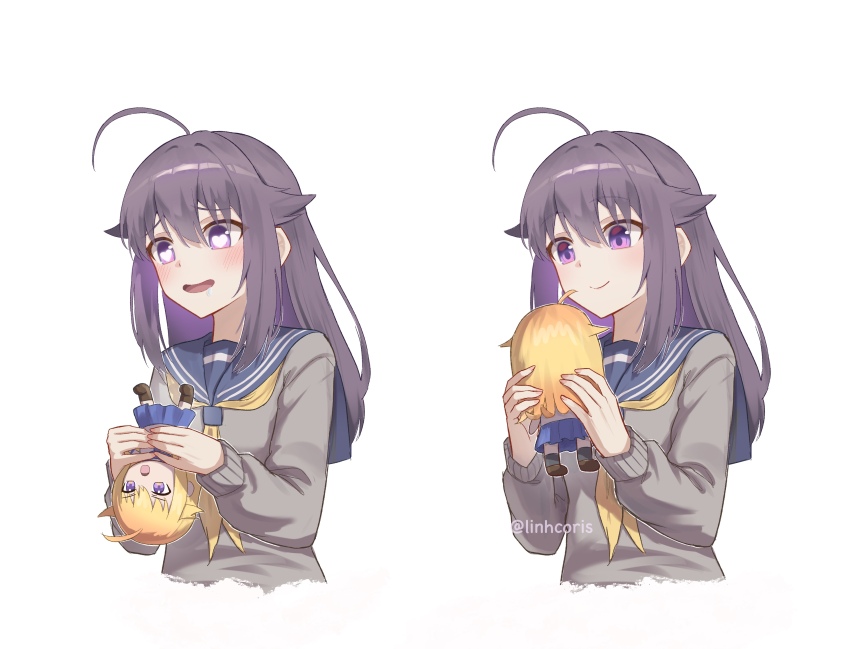 1girl absurdres ahoge artist_name blonde_hair blue_sailor_collar blush breasts cameo character_doll doll drooling female_pervert highres holding holding_doll holding_stuffed_toy imagining implied_yuri koshi_anko_(shikanoko) koshi_torako linhcoris long_hair long_sleeves medium_breasts neckerchief open_mouth pervert purple_eyes purple_hair sailor_collar school_uniform serafuku shikanoko_nokonoko_koshitantan shirt skirt smile stuffed_toy twitter_username white_shirt yellow_neckerchief yuri