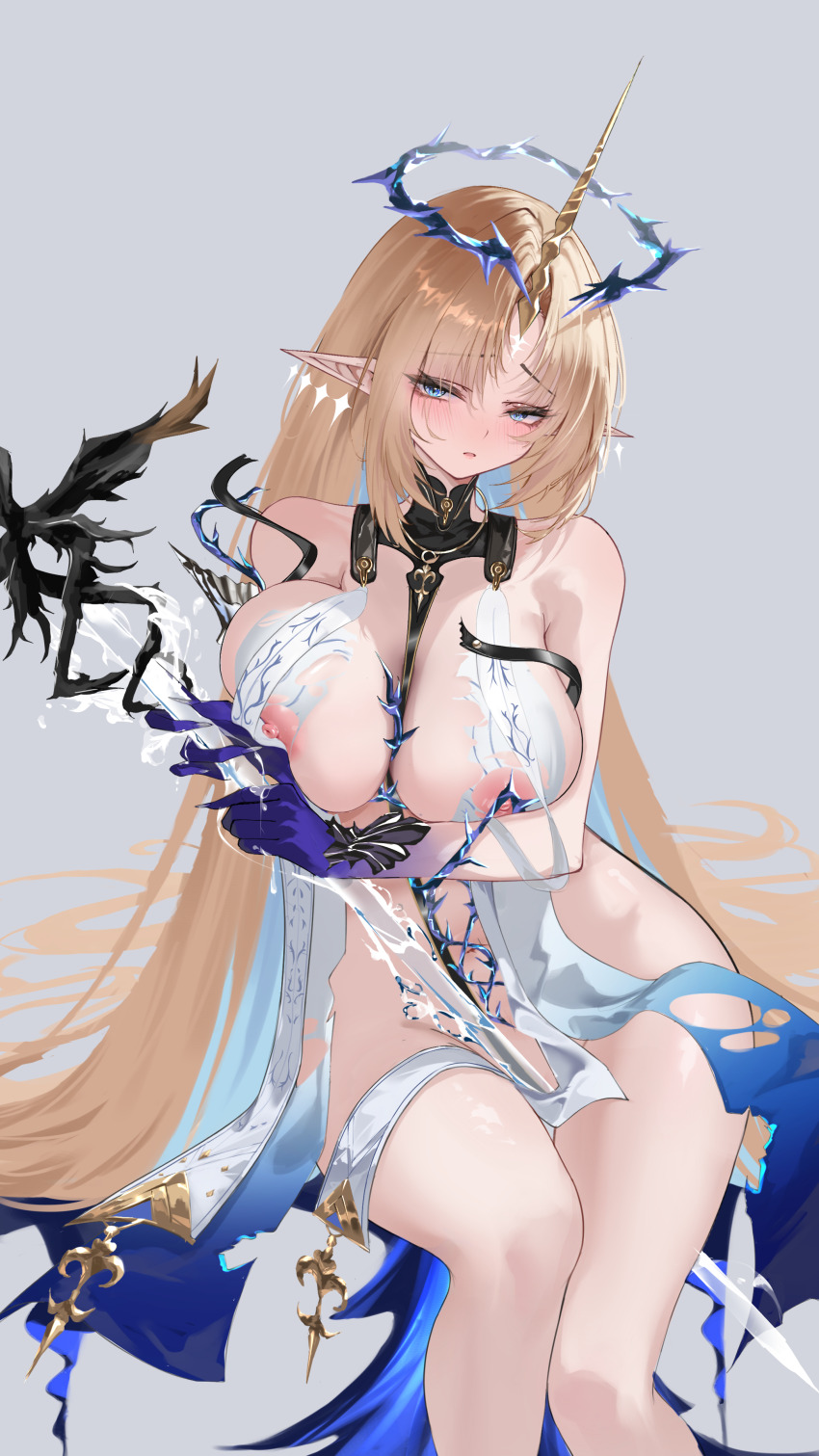 1girl absurdres black_collar blonde_hair blue_eyes blue_hair blue_hands blush breast_curtains breasts closed_mouth collar commentary_request crown_of_thorns earrings fleurdelys_(wuthering_waves) floating_earrings grey_background highres holding holding_sword holding_weapon horns jewelry large_breasts legs long_hair long_horns looking_at_viewer navel necklace nipples pointy_ears sidelocks simple_background single_horn solo sword tacet_mark_(wuthering_waves) thighs torn_clothes user_vnea4558 very_long_hair weapon wuthering_waves yellow_horns