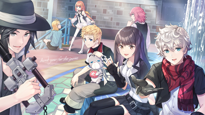 absurdres antenna_hair arm_support black_hair black_legwear blonde_hair blue_eyes brain_(kingdom_hearts) chirithy commentary_request curly_hair dream_eater_(kingdom_hearts) elrena english_text ephemer_(kingdom_hearts) eye_contact fingerless_gloves fountain gloves gogo_(detteiu_de) green_eyes grey_eyes hand_on_another&#039;s_head hat highres huge_filesize jewelry keyblade kingdom_hearts kingdom_hearts_x lauriam long_hair looking_at_another looking_at_viewer low_twintails necklace open_mouth outdoors pigeon-toed pink_hair pleated_skirt popped_collar scarf sitting skirt skuld_(kingdom_hearts) smile spiked_hair standing strelitzia_(kingdom_hearts) thighhighs twintails ventus_(kingdom_hearts) vest yellow_eyes zettai_ryouiki