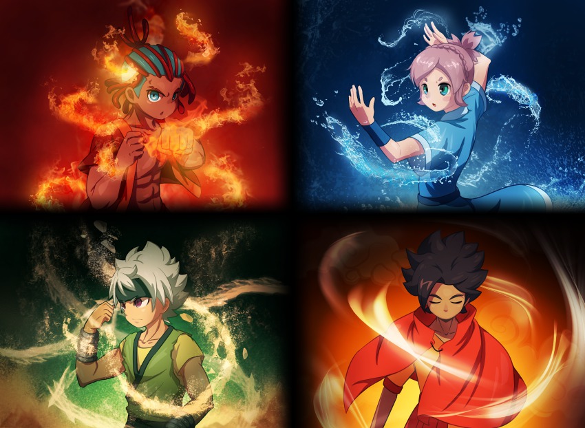 1girl 3boys abs aqua_eyes avatar:_the_last_airbender avatar_legends bad_id bad_pixiv_id braid chitu element_bending closed_eyes fire headband highres hydrokinesis ibuki_munemasa inazuma_eleven_(series) inazuma_eleven_go inazuma_eleven_go_galaxy matatagi_hayato multiple_boys nozaki_sakura open_mouth parody pink_hair pyrokinesis tetsukado_shin water white_hair