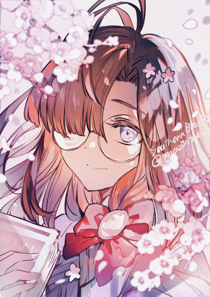 1girl ahoge book bow braid brown_hair cherry_blossoms fate/grand_order fate_(series) glasses hair_bow highres holding holding_book long_hair ono_no_komachi_(fate) petals purple_eyes rioka_(southern_blue_sky) smile