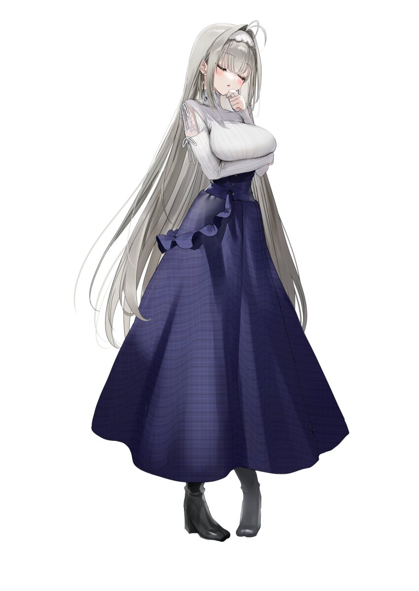 1girl :o absurdres ahoge arms_under_breasts black_footwear blue_skirt blush breasts character_request closed_eyes earrings grey_hair hairband hand_on_own_chin high-waist_skirt highres jewelry large_breasts long_hair long_skirt nekometaru official_art ribbed_sweater second-party_source shibou_yuugi_de_meshi_o_kuu sidelocks skirt solo sweater turtleneck very_long_hair white_background white_hairband white_sweater
