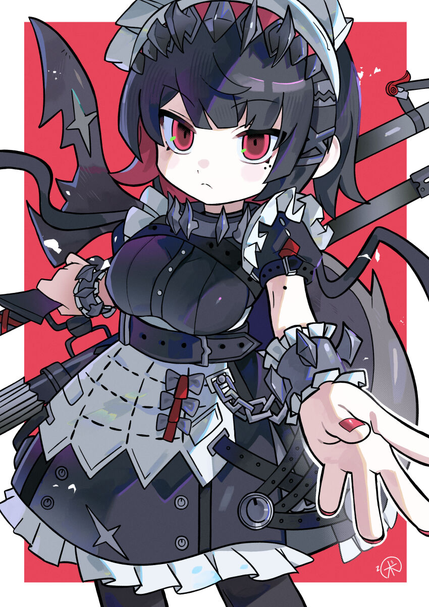 1girl absurdres apron black_dress black_hair black_pantyhose breasts chain closed_mouth dress ellen_joe fins fish_tail frills highres holding holding_weapon looking_at_viewer maid maid_headdress mole mole_on_arm mole_under_eye morizo_(morizoshop) pantyhose red_eyes red_hair red_nails shark_tail short_hair short_sleeves simple_background solo tail two-tone_background weapon white_apron zenless_zone_zero