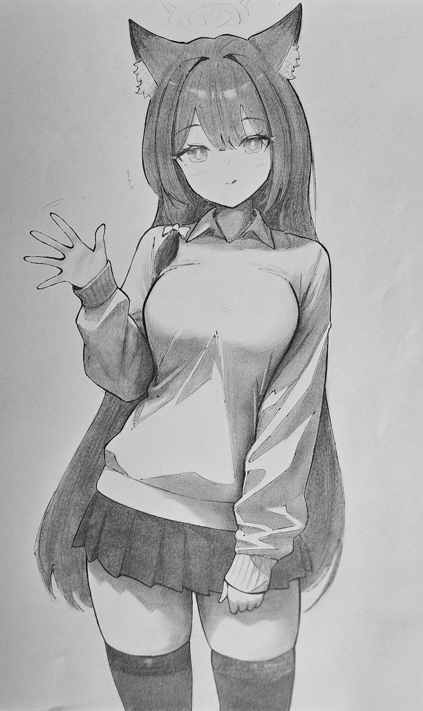 1girl absurdres animal_ear_fluff animal_ears blue_archive bow breasts bright_pupils center-flap_bangs closed_mouth commentary_request cowboy_shot double-parted_bangs graphite_(medium) greyscale hair_bow highres koko_(user_hktv5235) large_breasts long_hair long_sidelocks long_sleeves looking_at_viewer low-tied_sidelocks miniskirt monochrome pleated_skirt sidelocks skirt solo standing sweater thighhighs traditional_media very_long_hair wakamo_(blue_archive) wing_collar zettai_ryouiki