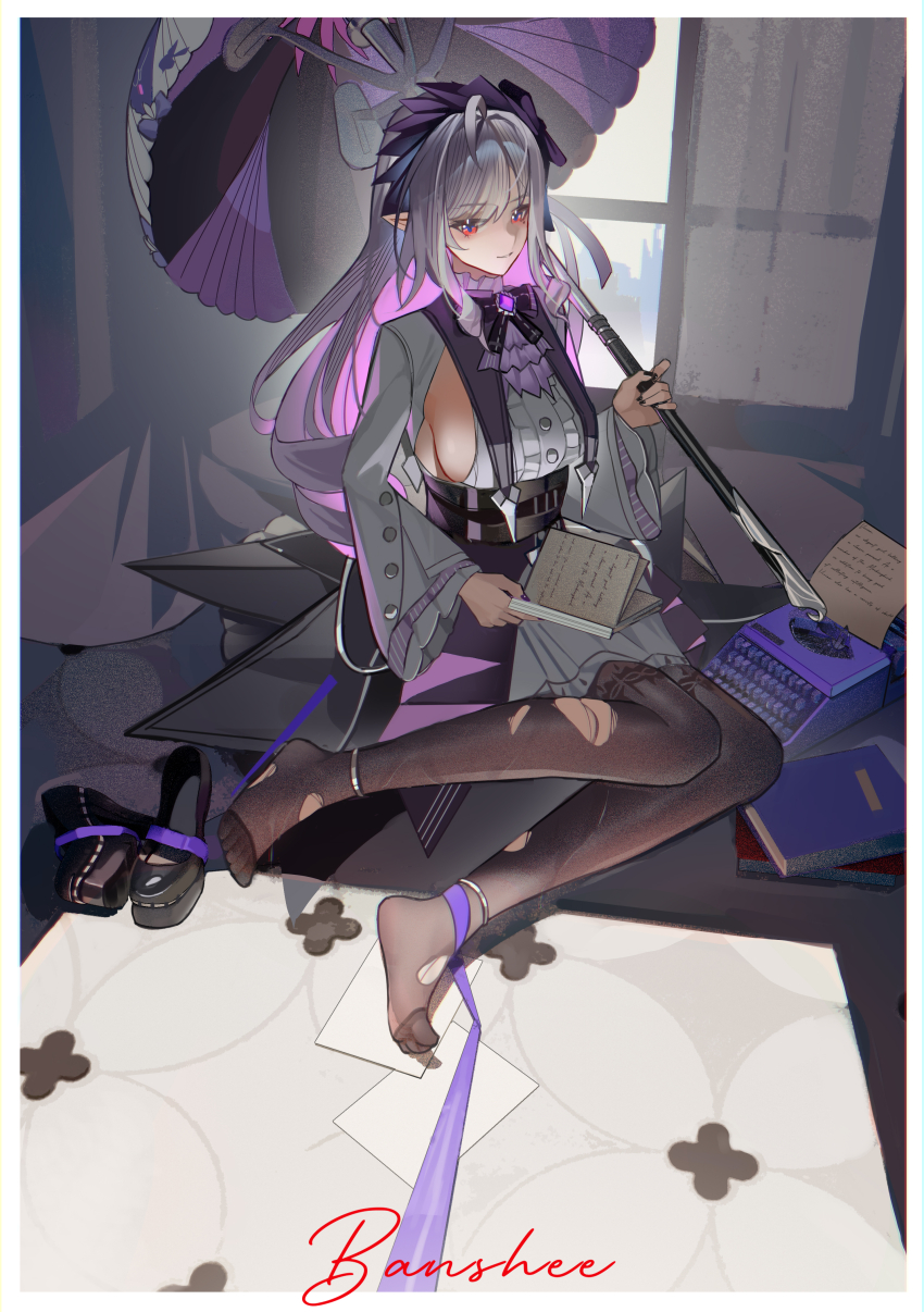 1girl absurdres ahoge anklet black_bow black_bowtie black_nails black_shoes book border bow bowtie breasts brown_thighhighs center_frills closed_mouth colored_inner_hair fingernails frilled_shirt frills hair_ribbon highres holding holding_umbrella indoors jewelry long_hair long_sleeves manuscript_paper mole mole_under_eye multicolored_hair nail_polish open_book paper pink_eyes pink_gemstone pink_hair pointy_ears purple_hair purple_nails purple_ribbon purple_skirt ribbon shirt shoes sideboob signature sitting skirt solo streaked_hair thighhighs torn_clothes torn_thighhighs two-tone_hair typewriter umbrella underbust unworn_shoes vivian_(zenless_zone_zero) white_border white_bow white_shirt white_sleeves white_umbrella window xiaojuan_(user_ezvt7287) zenless_zone_zero