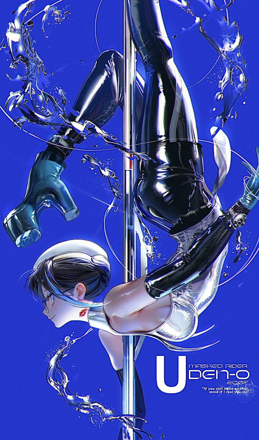 1girl beret black_hair blue_background blue_eyes blue_hair boots commentary_request english_text floating_liquid from_side glasses hat highres lipstick_mark lipstick_mark_on_neck liquid looking_at_viewer m_a_e_u_m making-of_available multicolored_hair original pants platform_boots pole shiny_clothes sideways_glance smile solo streaked_hair tight_clothes tight_pants two-tone_hair white_hat