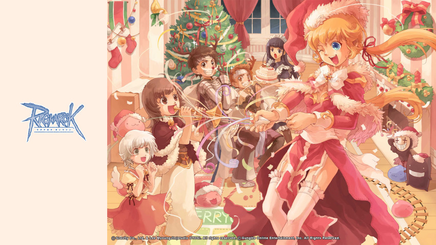 2boys 4girls :3 :o acolyte_(ragnarok_online) armor black_eyes black_hair blonde_hair blue_eyes bow breasts brown_eyes brown_hair brown_ribbon brown_shirt cake capelet carpet chainmail christmas christmas_stocking christmas_tree copyright_notice deviruchi dress fake_antlers fake_wings fireplace food frilled_skirt frills garter_straps goblin_(ragnarok_online) grey_capelet grin hair_ribbon hat headband high_priest_(ragnarok_online) highres holding holding_instrument holding_trumpet indoors instrument jasmine_(ragnarok_online) juliet_sleeves kafra_uniform knight_(ragnarok_online) logo long_sleeves maid maid_headdress marin_(ragnarok_online) masked merchant_(ragnarok_online) multiple_boys multiple_girls official_art official_wallpaper open_mouth party_popper pauldrons pink_dress pink_skirt pom_pom_(clothes) poring puffy_sleeves ragnarok_online red_hat red_ribbon ribbon riqurr santa_hat sash shirt shoulder_armor skirt sleeve_ribbon small_breasts smile swordsman_(ragnarok_online) thighhighs trumpet white_hair white_headband white_sash white_skirt white_thighhighs white_wings window wings wreath yellow_bow