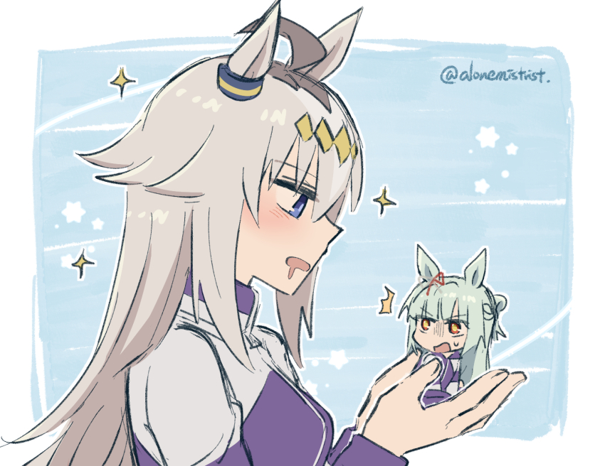 2girls alonemistrist animal_ears blue_eyes blue_hair blue_sky blush commentary_request fujimasa_march_(umamusume) grey_hair gym_uniform hair_between_eyes holding holding_mini_person horse_ears horse_girl horse_tail jacket kasamatsu_tracen_training_uniform light_blush long_hair long_sleeves mini_person multicolored_hair multiple_girls notice_lines oguri_cap_(umamusume) outline pants ponytail saliva school_uniform sky surprised tail tracen_school_uniform track_jacket track_pants track_suit umamusume umamusume:_cinderella_gray