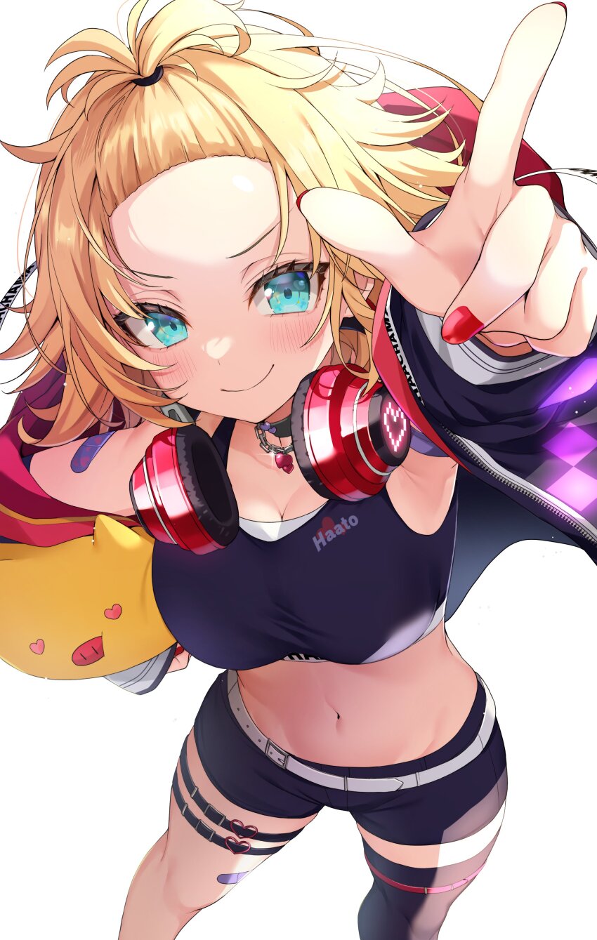 absurdres akai_haato akai_haato_(8th_costume) armpits asymmetrical_legwear bandaid bangs_pinned_back black_choker black_jacket black_shorts black_sports_bra black_thighhighs blonde_hair blue_eyes breasts choker forehead from_above haaton_(akai_haato) headphones highres hololive jacket large_breasts light_blush looking_at_viewer makinan multicolored_jacket navel pointing pointing_at_viewer red_nails short_hair short_shorts shorts simple_background single_thighhigh smile sports_bra stomach thigh_strap thighhighs v-shaped_eyebrows virtual_youtuber white_background