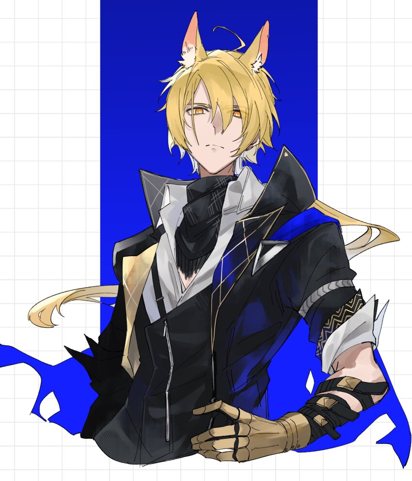 1boy absurdres ahoge animal_ears arknights black_jacket black_scarf blonde_hair blue_background blue_cape bright_pupils cape cropped_torso eyes_visible_through_hair fringe_trim grid grid_background highres jacket long_hair male_focus mlynar_(arknights) scarf solo white_background white_pupils yakota_(usuk-yako) yellow_eyes