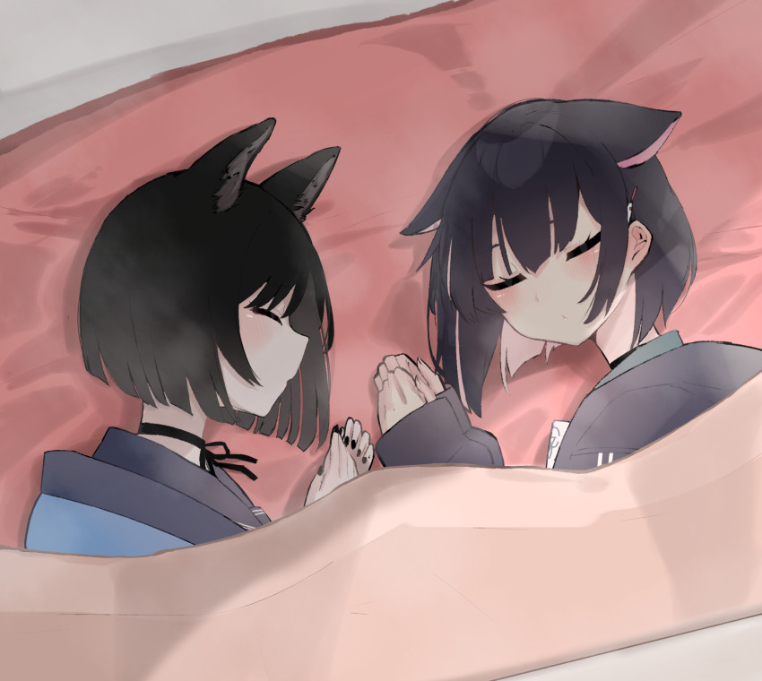 2girls ^_^ animal_ear_fluff animal_ears black_choker black_hair black_jacket black_nails blanket blue_archive blunt_bangs bob_cut cat_ears cat_girl choker closed_eyes colored_inner_hair commentary_request extra_ears hair_ornament hairclip halo happi highres hood hooded_jacket jacket japanese_clothes kazusa_(blue_archive) kikyou_(blue_archive) long_sleeves lying multicolored_hair multiple_girls nail_polish negu_(pixiv_6519140) on_bed on_side parted_lips school_uniform serafuku short_hair sidelocks sleeping two-tone_hair wide_sleeves