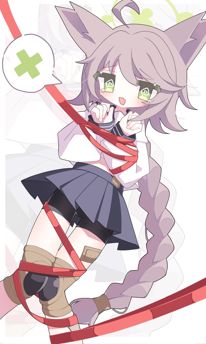 1girl @_@ absurdres ahoge animal_ears bike_shorts blue_archive blush bound braid brown_hair fox_ears fox_girl green_eyes green_halo halo highres otogi_(blue_archive) pleated_skirt red_ribbon ribbon school_uniform serafuku shigure_(hggk2544) simple_background skirt spoken_x tied_up_(nonsexual)