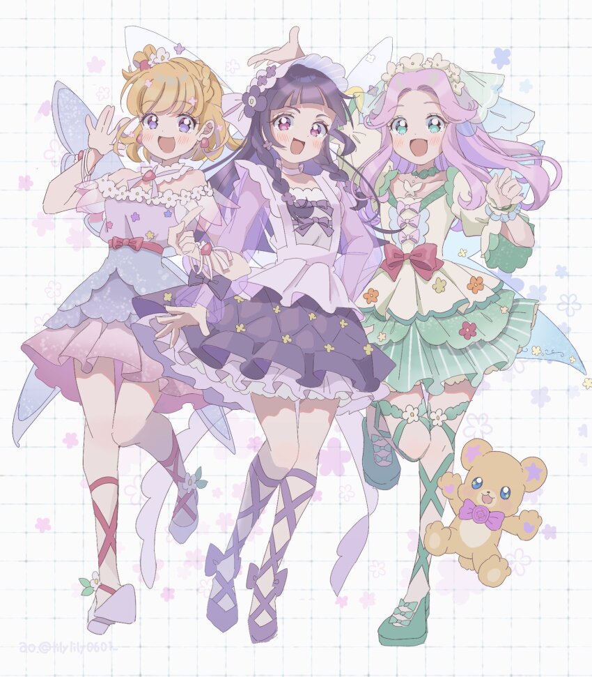3girls :d asahina_mirai bear blonde_hair blue_eyes blush bow braid butterfly_brooch choker cure_felice cure_magical cure_miracle dress dress_flower earrings fairy_wings flower folded_braid frilled_dress frills green_choker green_footwear hair_flower hair_ornament hanami_kotoha highres izayoi_liko jewelry leg_ribbon lilylily0601 long_hair magical_girl mahou_girls_precure! mofurun_(mahou_girls_precure!) multiple_girls open_mouth pink_hair precure purple_eyes purple_hair ribbon short_hair skirt smile star_(symbol) star_in_eye symbol_in_eye twin_braids wings