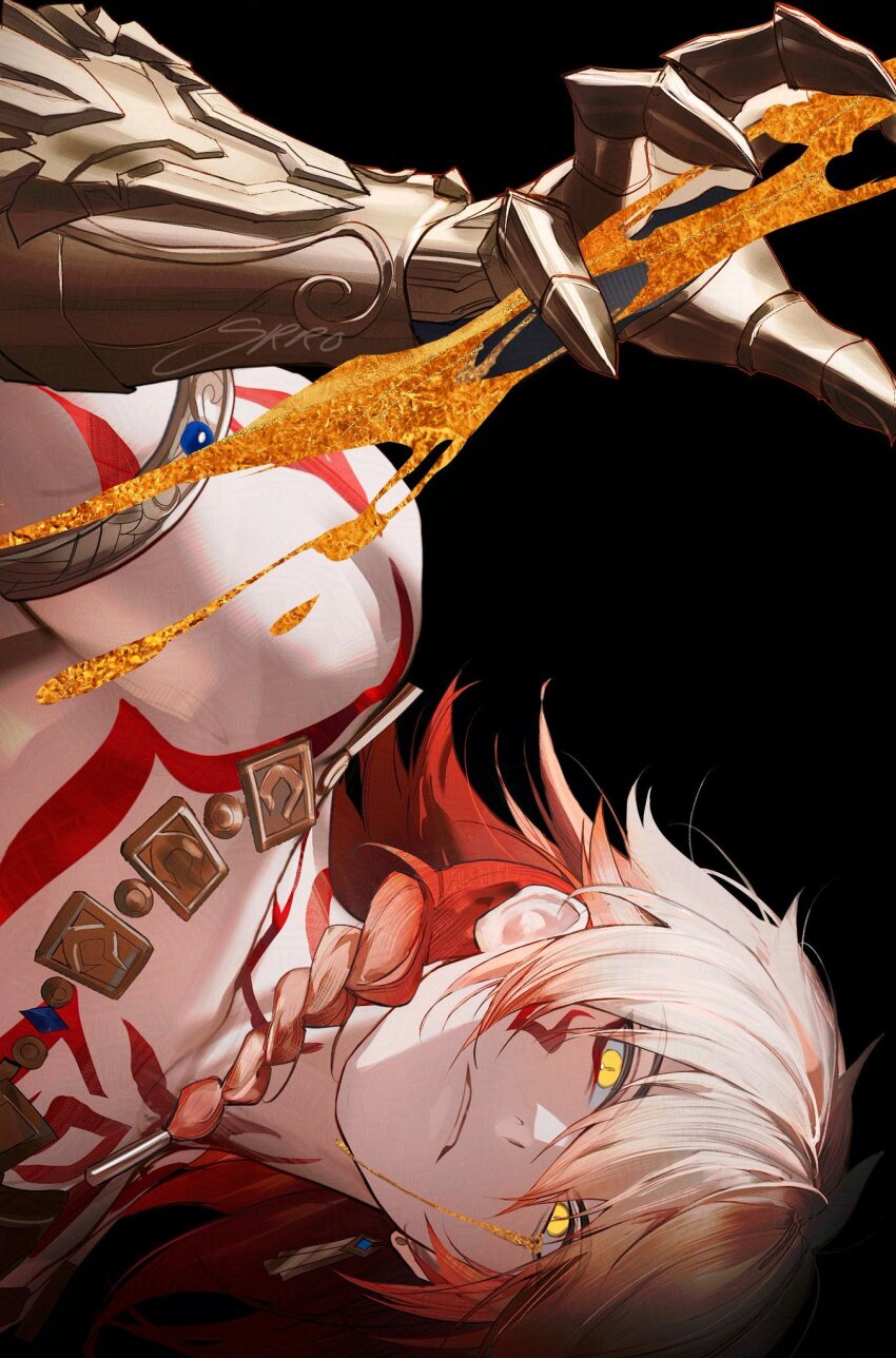 1boy arm_tattoo armlet black_background black_coat blonde_hair blood bloody_tears braid chest_tattoo clawed_gauntlets coat commentary earrings facial_tattoo gold_earrings gold_necklace gradient_hair hair_between_eyes highres honkai:_star_rail honkai_(series) jewelry liquid_gold male_focus medium_hair multicolored_hair mydei_(honkai:_star_rail) necklace open_clothes open_coat red_hair red_tattoo revision side_braid sideways simple_background solo srro_yo tattoo yellow_blood yellow_eyes