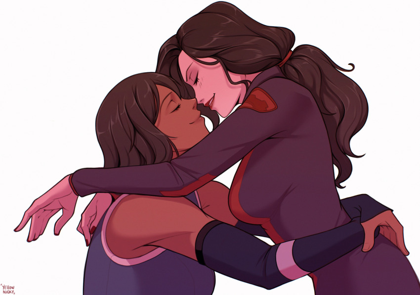 2girls asami_sato avatar_legends black_hair braid breasts closed_eyes dark-skinned_female dark_skin eyeshadow hands_on_another&#039;s_shoulders hands_on_another&#039;s_waist highres imminent_kiss korra lipstick long_hair makeup multiple_girls red_lips short_hair the_legend_of_korra yellow_nicky yuri