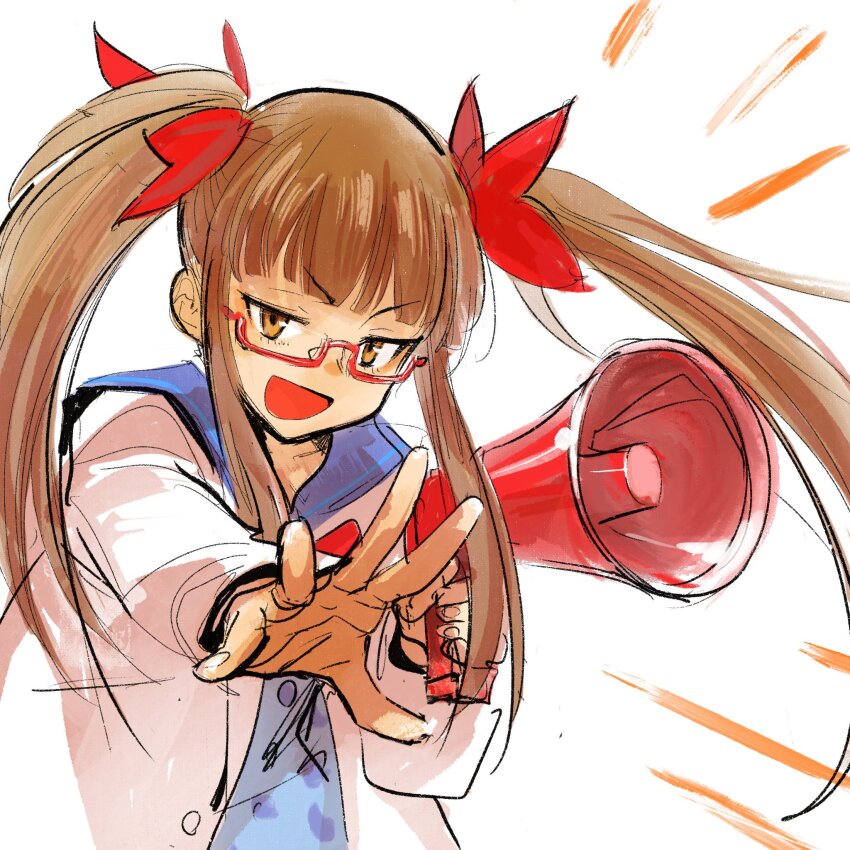 1girl blue_shirt blunt_bangs brown_eyes brown_hair coat emphasis_lines glasses hair_ribbon half-closed_eyes highres holding holding_megaphone idolmaster idolmaster_cinderella_girls ikebukuro_akiha ikuhana_niiro long_hair looking_at_viewer megaphone open_clothes open_coat open_mouth outstretched_arm red_ribbon ribbon semi-rimless_eyewear shirt simple_background smile solo twintails upper_body v-shaped_eyebrows white_background white_coat