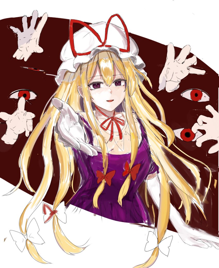 1girl 83mkneinlsqmebq absurdres blonde_hair choker dress elbow_gloves gap_(touhou) gloves hair_between_eyes hair_ribbon hat highres long_hair looking_at_viewer mob_cap open_mouth purple_dress purple_eyes reaching reaching_towards_viewer ribbon ribbon_choker short_sleeves smile solo touhou upper_body very_long_hair white_background white_gloves yakumo_yukari