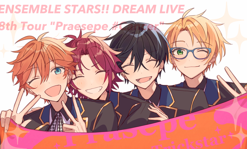 4boys absurdres ahoge akehoshi_subaru black_hair black_jacket blonde_hair blue_eyes closed_eyes copyright_name english_text ensemble_stars! green_eyes hair_between_eyes half_updo hand_on_another&#039;s_shoulder hidaka_hokuto highres isara_mao jacket lower_teeth_only medium_hair multiple_boys one_eye_closed open_mouth orange_hair red_hair short_hair simple_background smile teeth trickstar_(ensemble_stars!) upper_body v yuuki_makoto_(ensemble_stars!) zu_tonatuyasumi