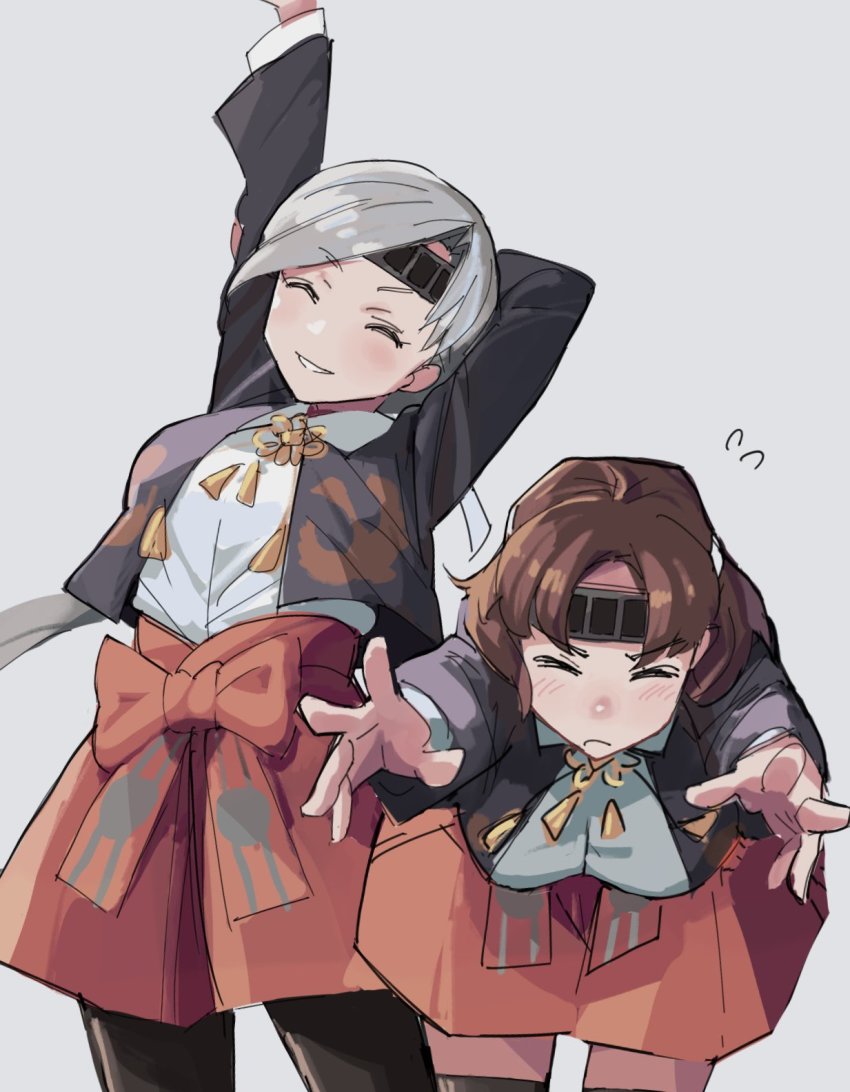 2girls black_jacket brown_hair chitose_(kancolle) chiyoda_(kancolle) closed_eyes closed_mouth flying_sweatdrops grey_background grey_hair highres jacket kantai_collection long_hair mizoki_kei multiple_girls open_clothes open_jacket open_mouth pleated_skirt red_skirt short_hair simple_background skirt smile