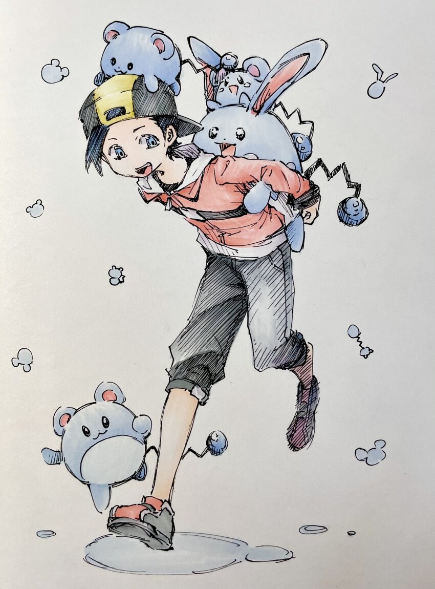 1boy :d azumarill azurill backwards_hat baseball_cap black_hair black_pants blue_eyes blue_fur brown_hair ethan_(pokemon) full_body game_freak gen_2_pokemon gen_3_pokemon hat highres jacket looking_at_another male_focus marill nintendo open_mouth pants pokemon pokemon_(creature) pokemon_hgss red_jacket red_shoes shoes short_hair simple_background smile standing tan_carbonnn white_background