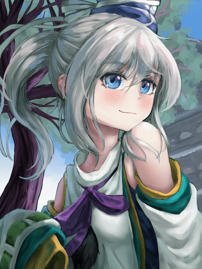 1girl bare_shoulders blue_eyes blush breasts cheek-to-shoulder grey_hair hat highres japanese_clothes kariginu layered_clothes layered_sleeves medium_hair mononobe_no_futo pygrenix ribbon-trimmed_sleeves ribbon_trim side_ponytail sky small_breasts smile solo tate_eboshi temple touhou tree