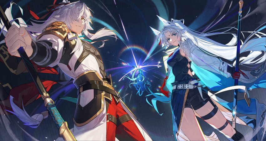 1boy 1girl 1other absurdres animal_ear_fluff animal_ear_piercing animal_ears archery blue_eyes bow_(weapon) breasts chinese_clothes closed_mouth coat coat_on_shoulders commentary_request cowboy_shot feixiao_(honkai:_star_rail) floating_hair forehead_jewel fox_ears fox_girl hair_over_one_eye highres holding holding_bow_(weapon) holding_polearm holding_weapon honkai:_star_rail honkai_(series) jing_yuan lan_(honkai:_star_rail) little_modao long_hair long_sleeves looking_at_viewer medium_breasts mole mole_under_eye pants polearm red_pants very_long_hair weapon white_coat white_hair yellow_eyes