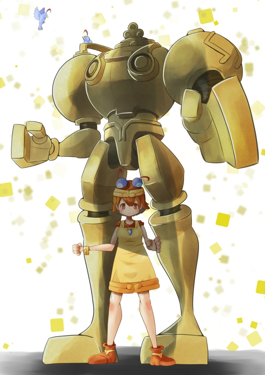 1girl animal animal_on_head bird bird_on_head bracelet brown_hair child clenched_hand headband highres jewelry magatama magatama_necklace mecha mia_anpanman midnight_bliss necklace on_head huitzil_(darkstalkers) red_footwear robot short_hair simple_background standing darkstalkers