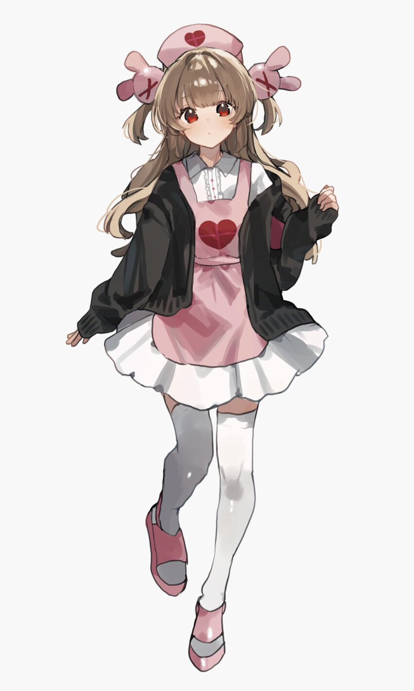 1girl apron black_cardigan brown_hair cardigan collared_dress dress full_body hair_ornament hat heart heart_print higa_(gominami) highres long_hair natori_sana natori_sana_(nurse) nurse nurse_cap pink_apron puffy_short_sleeves puffy_sleeves rabbit_hair_ornament red_eyes sana_channel short_sleeves simple_background slippers solo thighhighs two-tone_background virtual_youtuber white_background white_dress white_thighhighs