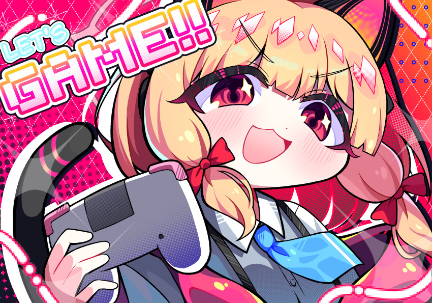 1girl :3 :d absurdres animal_ear_headphones animal_ears blonde_hair blue_archive blue_necktie bow cat_ear_headphones cat_ears collared_shirt commentary controller dress_shirt drop_shadow english_text fake_animal_ears game_controller gradient_background hair_bow halftone halftone_background headphones highres holding holding_controller holding_game_controller jacket kkukka41 looking_at_viewer low-tied_sidelocks momoi_(blue_archive) necktie off_shoulder open_mouth pink_background pink_eyes pink_jacket red_background red_bow school_uniform shirt short_hair short_necktie sidelocks smile solo sparkle suspenders two-tone_background upper_body v-shaped_eyebrows white_shirt
