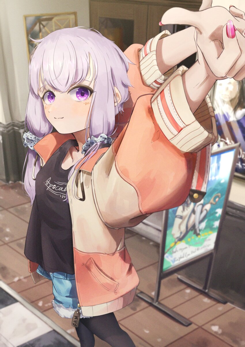 1girl absurdres ad alternate_costume arms_up black_pantyhose black_shirt blush collarbone denim denim_shorts feet_out_of_frame fingernails flat_chest grey_shorts highres indoors jacket labbilatta_39 long_sleeves looking_at_viewer open_clothes open_jacket pantyhose pink_nails purple_eyes purple_hair shirt short_hair_with_long_locks shorts solo stretching tile_floor tiles vocaloid voiceroid wooden_floor yuzuki_yukari