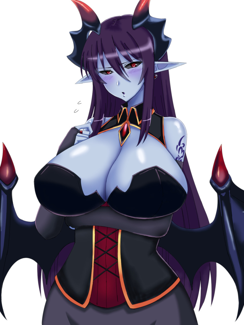 1girl arm_under_breasts bare_shoulders black_sclera blue_skin blush breasts bridal_gauntlets cleavage colored_sclera colored_skin corset demon_(monster_girl_encyclopedia) demon_girl demon_horns demon_wings elbow_gloves female_focus gloves hair_between_eyes highres horns huge_breasts large_breasts long_hair looking_at_viewer monster_girl monster_girl_encyclopedia monster_girl_encyclopedia_ii murayama_nakoto open_mouth pointy_ears purple_hair red_eyes simple_background slit_pupils solo upper_body white_background wings