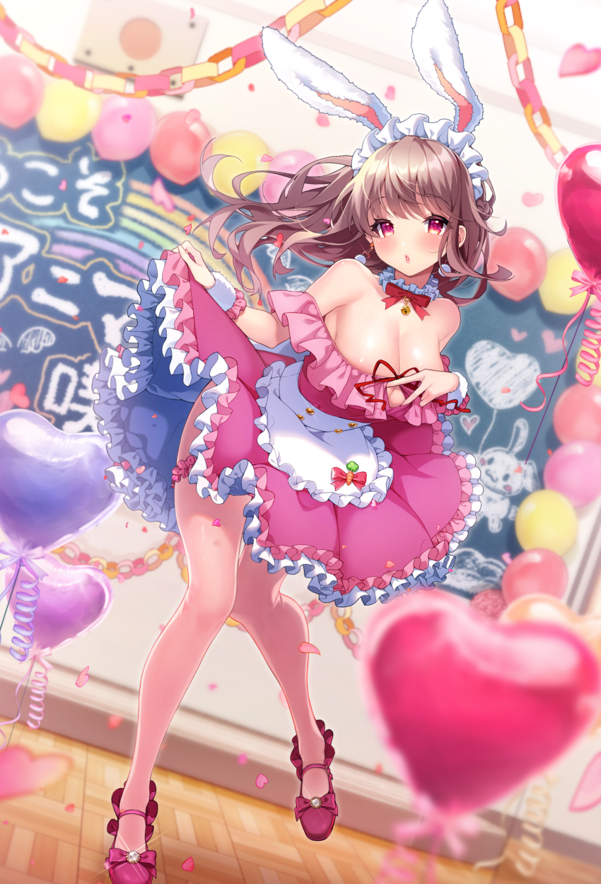 1girl :o absurdres animal_ears balloon bell blurry blurry_foreground blush breasts brown_hair chalkboard classroom cleavage closed_mouth collar dress earrings fake_animal_ears floating_hair frilled_collar frilled_dress frills heart highres indoors jewelry large_breasts lips long_hair looking_at_viewer maid_headdress neck_bell off-shoulder_dress off_shoulder original pink_dress pink_eyes pink_shoes pom_pom_(clothes) pom_pom_earrings rabbit_ears red_ribbon ribbon rifuru shoes skirt_hold solo