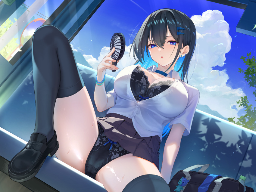 1girl :o arm_support bag bag_charm black_bra black_hair black_panties black_shoes black_skirt black_thighhighs blue_choker blue_eyes blue_hair blue_sky bow bow_bra bow_panties bra breasts charm_(object) choker cloud collared_shirt colored_inner_hair commentary_request crotch_seam day double-parted_bangs dutch_angle earrings floral_print floral_print_bra floral_print_panties foot_out_of_frame hair_between_eyes hair_ornament hairclip hand_fan hand_up handheld_electric_fan highres holding holding_fan hot indoors jewelry large_breasts leg_up loafers long_bangs long_hair looking_at_viewer maeshimashi miniskirt multicolored_hair original panties parted_lips partially_unbuttoned pleated_skirt print_panties school_bag school_uniform shiny_skin shirt shoes short_sleeves sitting skirt sky solo spread_legs straight_hair stud_earrings sweat thighhighs underwear white_shirt window wing_collar wristband