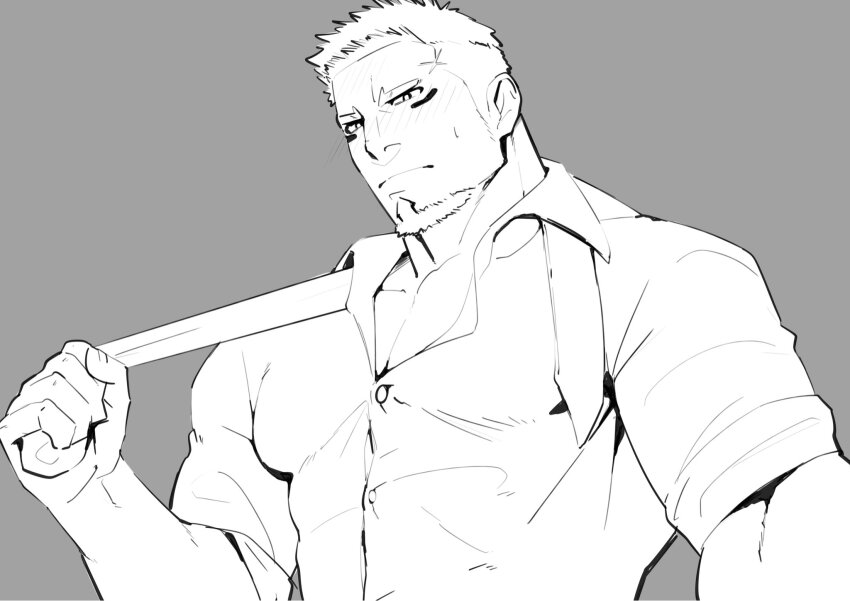 1boy bara blush collared_shirt facial_hair goatee greyscale hand_up highres kansuke_(kansuke_717) large_pectorals live_a_hero male_focus mature_male medium_sideburns monochrome muscular muscular_male necktie pectoral_cleavage pectorals shaft_(live_a_hero) shirt short_hair sideburns_stubble solo stubble thick_eyebrows tsurime undone_necktie undressing upper_body