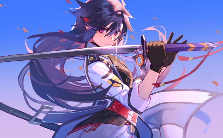 1girl ahoge black_hair brown_gloves coat commentary curtained_hair double-parted_bangs eiyuu_densetsu floating_hair genderswap genderswap_(mtf) gloves gradient_background hair_between_eyes high_collar highres holding holding_sword holding_weapon katana long_hair long_sidelocks looking_at_viewer pommel_tassel purple_eyes rean_schwarzer sen_no_kiseki sen_no_kiseki_(series) sen_no_kiseki_iii sidelocks simple_background sword symbol-only_commentary twitter_username upper_body weapon yusaazusa