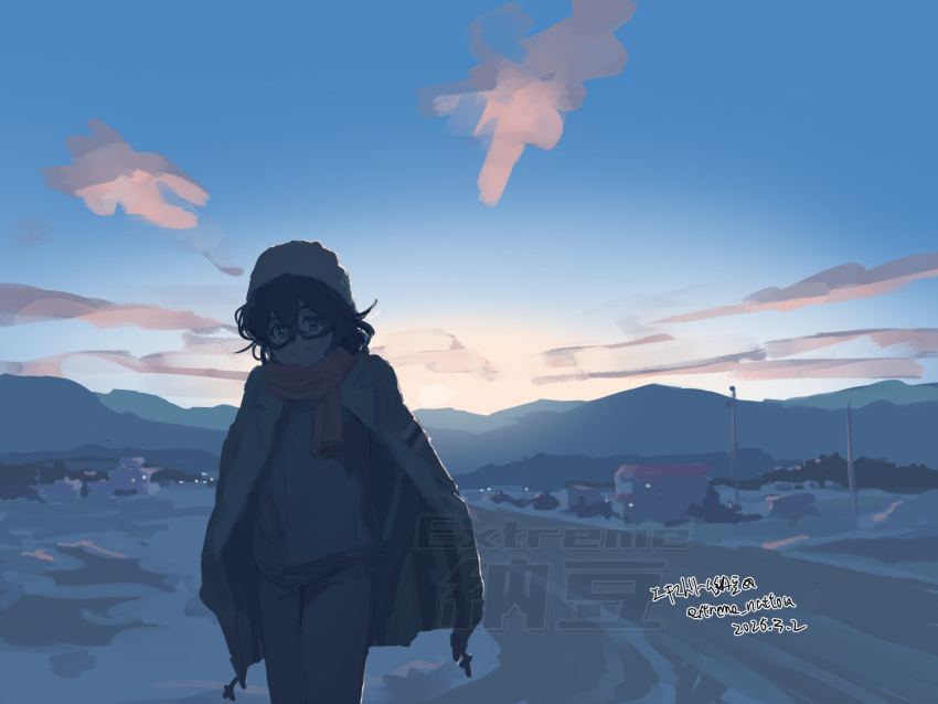 1girl black_hair blue_sky closed_mouth cloud commentary_request dated extreme_nattou glasses green_eyes hanakuma_chifuyu hashtag-only_commentary hat highres outdoors pants scarf sky smile solo standing synthesizer_v twitter_username watermark white_hat