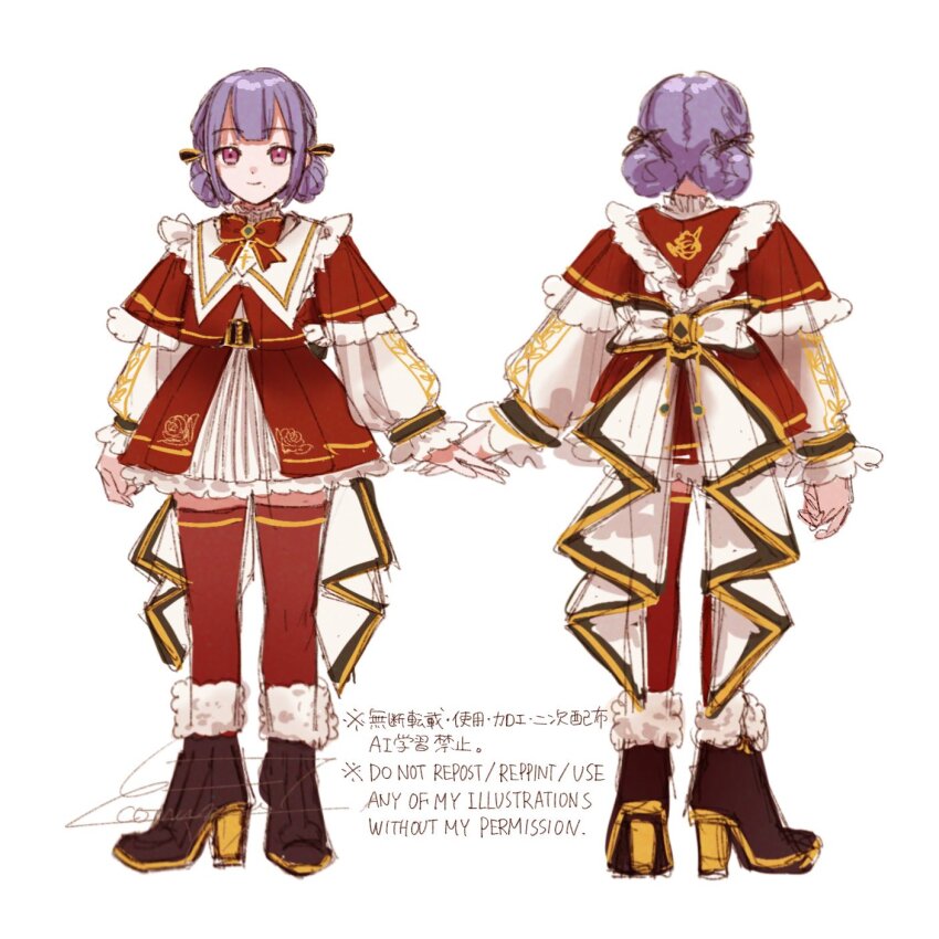 1girl alternate_hairstyle arm_at_side artist_name assault_lily back_bow black_ribbon blunt_bangs boots bow bowtie capelet closed_mouth commentary_request double_bun dress facing_away floral_print frilled_dress frilled_sleeves frills from_behind fukuyama_jeanne_sachie fur-trimmed_boots fur-trimmed_capelet fur_trim hair_bun hair_ribbon high_heel_boots high_heels highres komuzuka layered_dress long_sleeves mole mole_under_mouth multiple_views pink_eyes print_dress purple_hair red_bow red_bowtie red_capelet red_dress red_thighhighs ribbon rose_print santa_costume santa_dress short_hair signature simple_background sketch smile standing thighhighs two-tone_dress two-tone_ribbon watermark white_background white_bow white_dress yellow_ribbon zettai_ryouiki
