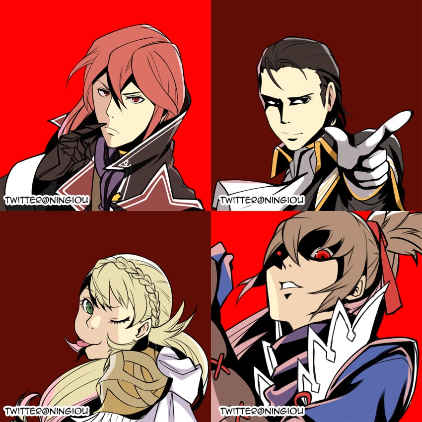 1girl 3boys ;p armor bad_id bad_pixiv_id black_hair blonde_hair brown_hair fire_emblem fire_emblem:_mystery_of_the_emblem fire_emblem:_thracia_776 fire_emblem_fates fire_emblem_heroes gloves green_eyes highres kyou_(iuciferic) long_hair misheil_(fire_emblem) multiple_boys nintendo one_eye_closed pauldrons persona ponytail red_eyes red_hair reinhardt_(fire_emblem) sharena_(fire_emblem) shoulder_armor smile takumi_(fire_emblem) tongue tongue_out white_gloves
